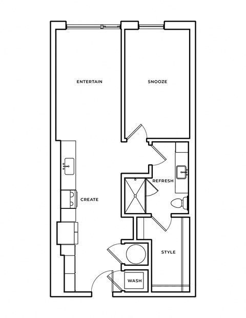 A floor plan of a house with rooms labeled as Create, Style, Snooze, Refresh, and Entertain.